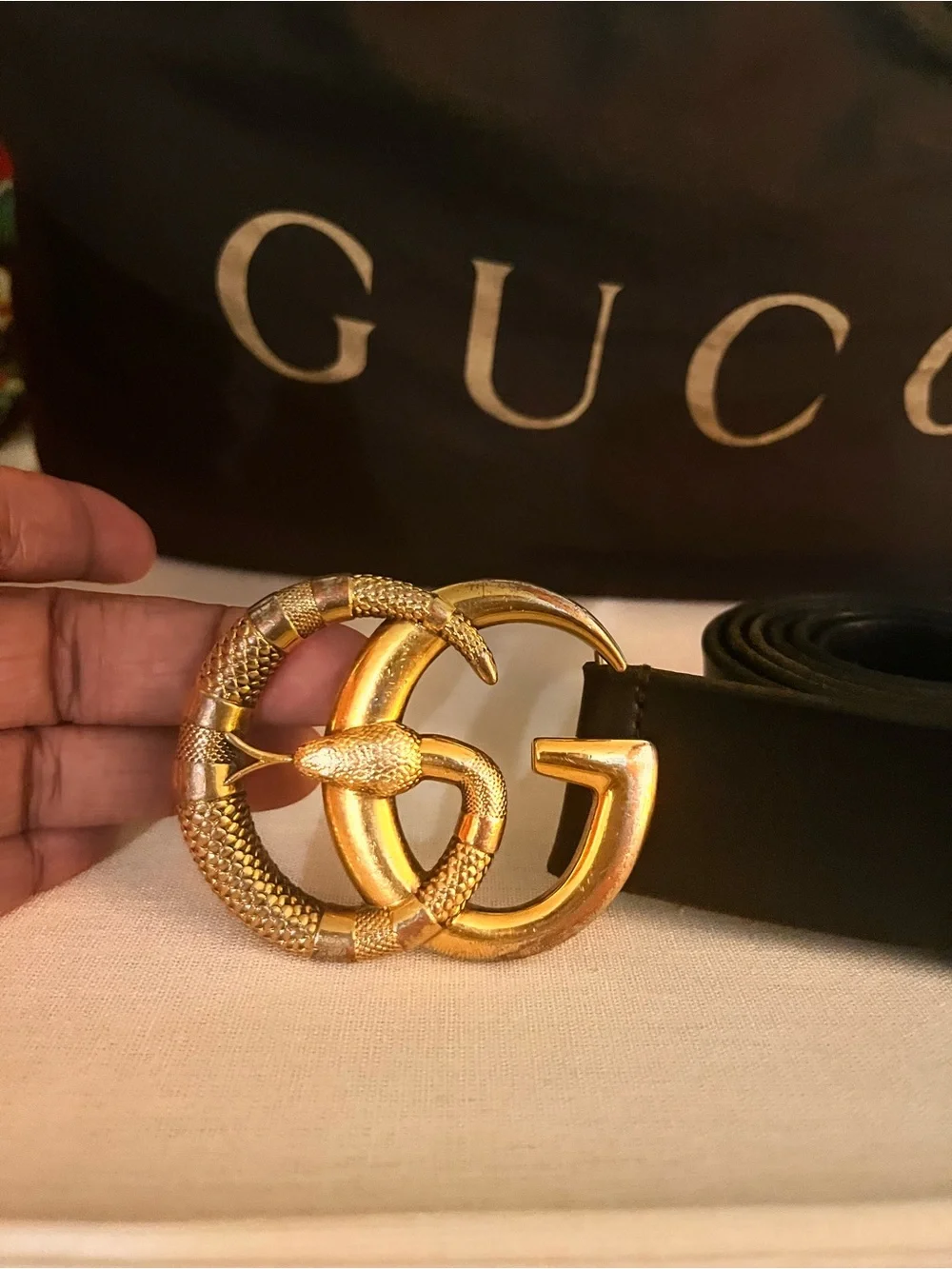 Gucci Black Leather Belt with Gold Double G Snake Buckle unisex